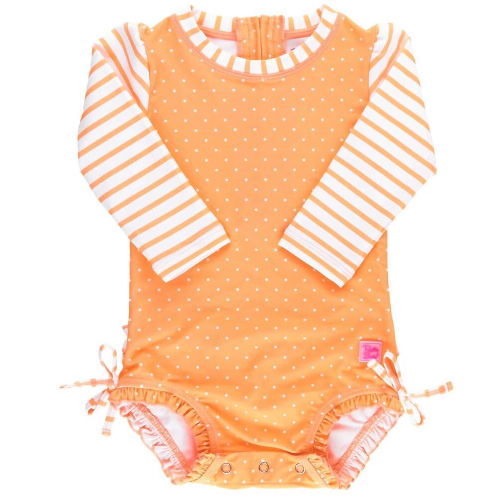 NEW RUFFLEBUTTS kids' polka dot one piece rash guard in melon/white